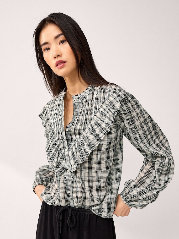 Monochrome Ruffle Check Long Sleeve Blouse - Image 1 of 6