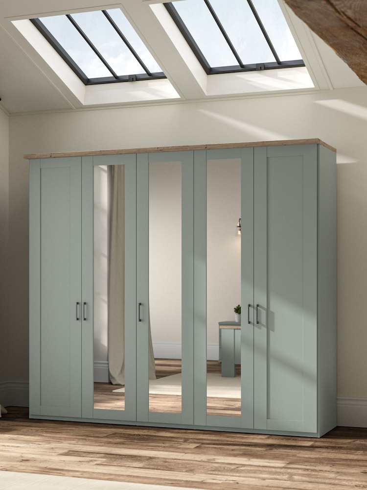 Wiemann Sage Green Truro 5 Door Wood and Mirror Semi Fitted Wardrobe - Image 1 of 4