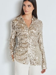 Champagne Gold Long Sleeve Sequin Ruched Shirt - Image 1 of 7