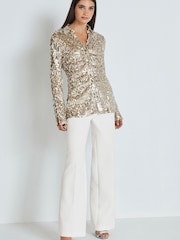 Champagne Gold Long Sleeve Sequin Ruched Shirt - Image 2 of 7
