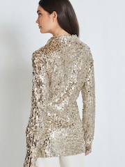 Champagne Gold Long Sleeve Sequin Ruched Shirt - Image 4 of 7