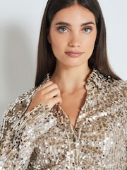 Champagne Gold Long Sleeve Sequin Ruched Shirt - Image 5 of 7