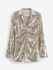 Champagne Gold Long Sleeve Sequin Ruched Shirt - Image 6 of 7