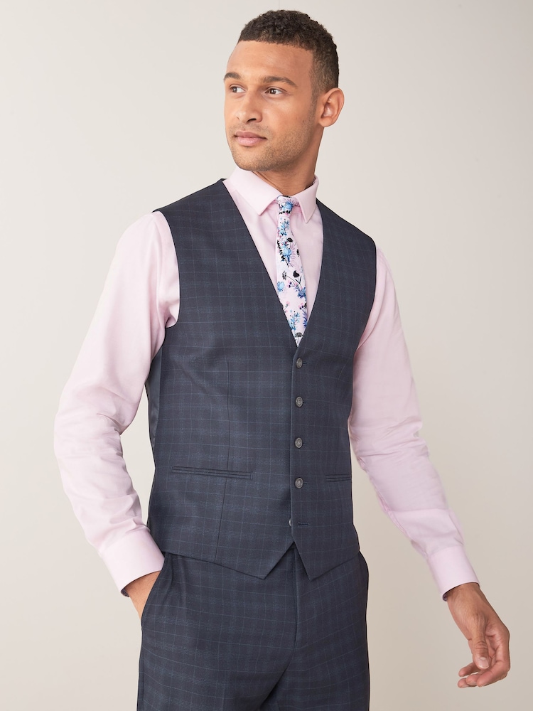 Navy Blue Regular Fit Check Suit Waistcoat - Image 1 of 7