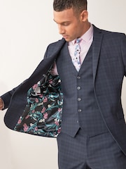 Navy Blue Regular Fit Check Suit Waistcoat - Image 5 of 7