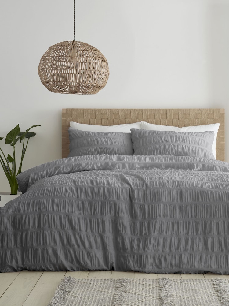 Catherine Lansfield Grey Seersucker Easy Care Duvet Cover Set - Image 1 of 4