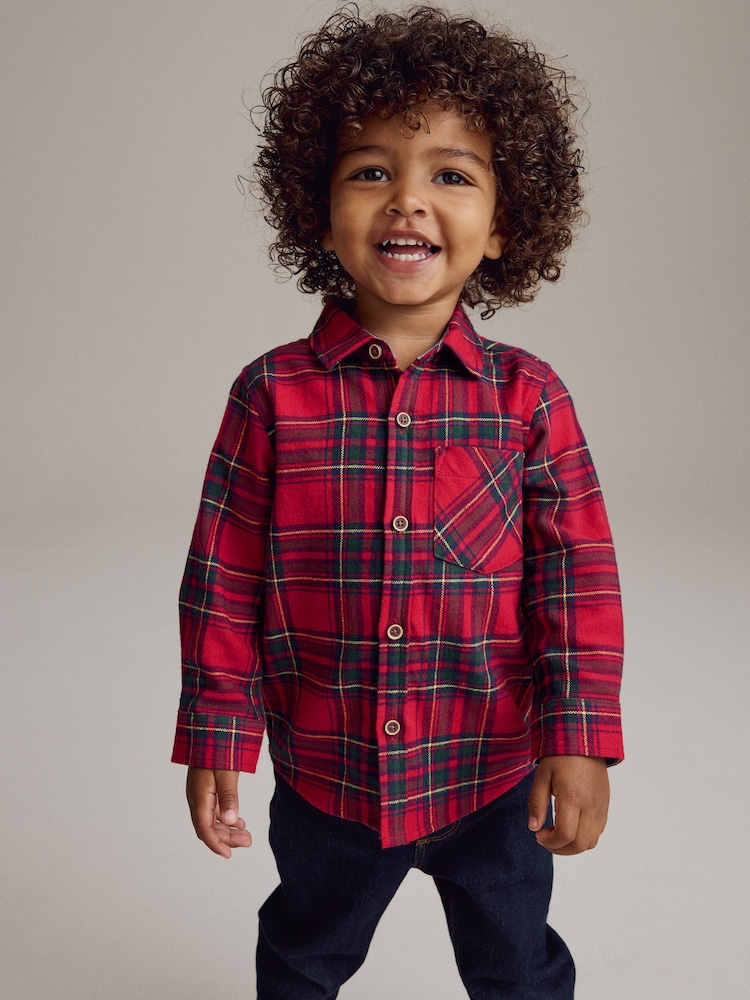 Red Tartan Plain Long Sleeve Check 100% Cotton Shirt (3mths-7yrs) - Image 1 of 7 Red Tartan Plain Long Sleeve Check 100% Cotton Shirt (3mths-7yrs) - Image 1 of 7