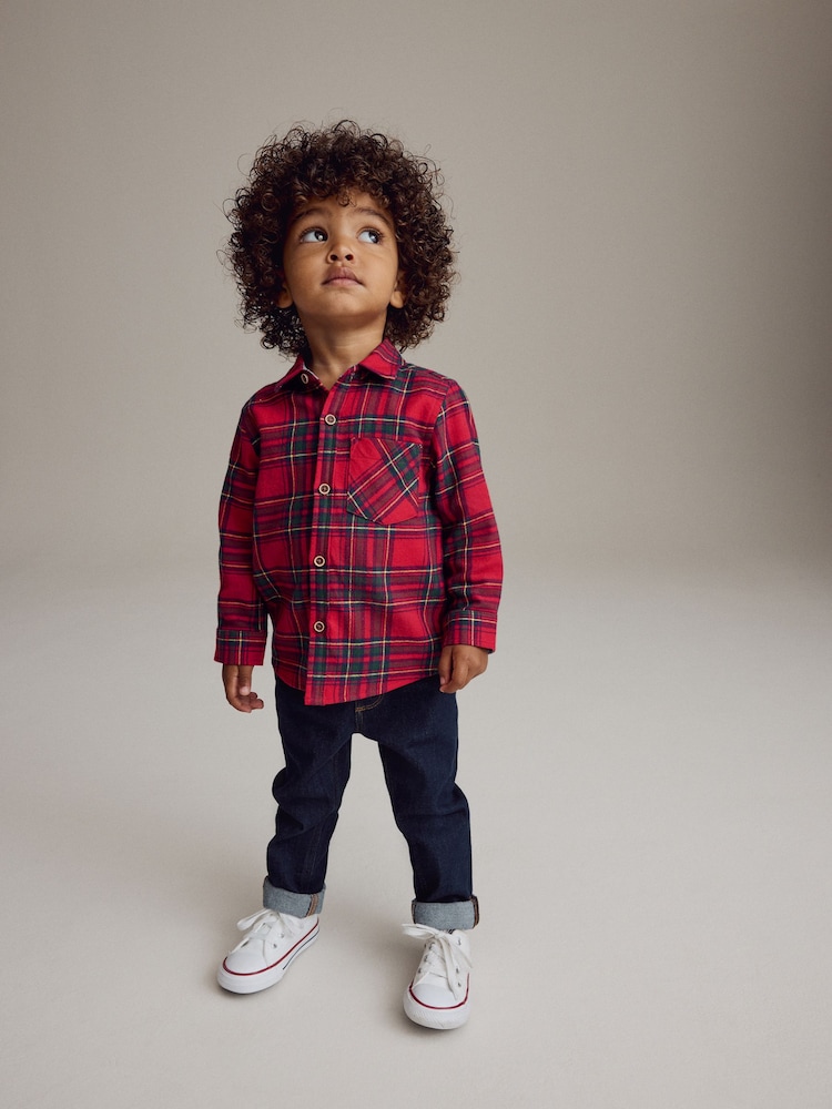Red Tartan Plain Long Sleeve Check 100% Cotton Shirt (3mths-7yrs) - Image 2 of 7 Red Tartan Plain Long Sleeve Check 100% Cotton Shirt (3mths-7yrs) - Image 2 of 7