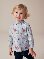 Blue Long Sleeve Printed Christmas 100% Cotton Shirt (3mths-7yrs) - Image 1 of 7