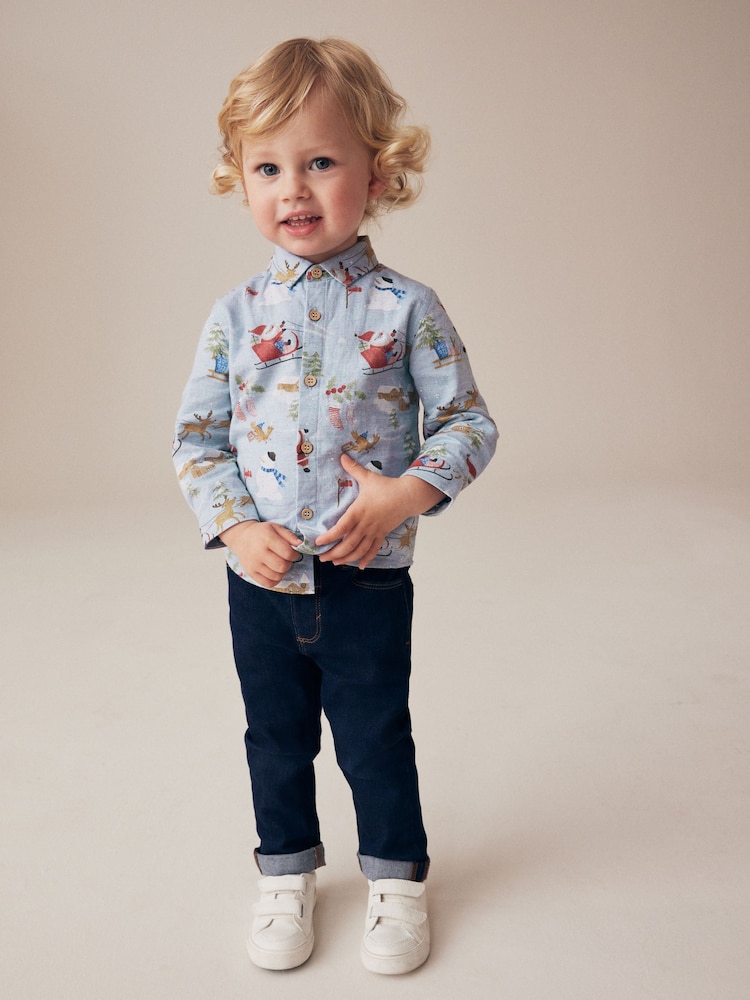 Blue Long Sleeve Printed Christmas 100% Cotton Shirt (3mths-7yrs) - Image 2 of 7