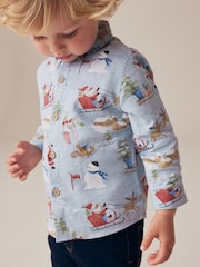Blue Long Sleeve Printed Christmas 100% Cotton Shirt (3mths-7yrs) - Image 4 of 7