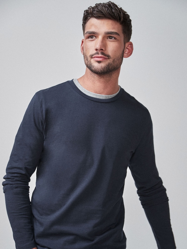 Navy Blue Slim Fit Long Sleeve Crew Neck T-Shirt - Image 1 of 5