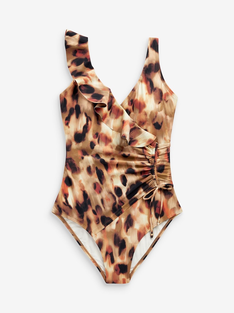 Brown Leopard Frill Wrap Tummy Shaping Control Swimsuit - Image 6 of 6