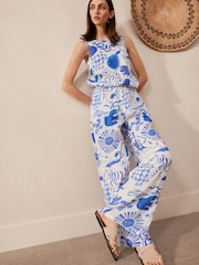 Blue/White Premium 100% Linen Wide Leg Trousers - Image 1 of 6