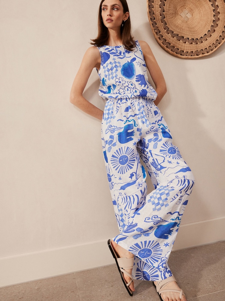 Blue/White Premium 100% Linen Wide Leg Trousers - Image 1 of 6