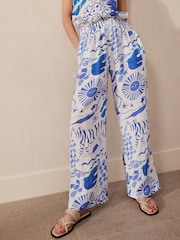 Blue/White Premium 100% Linen Wide Leg Trousers - Image 2 of 6