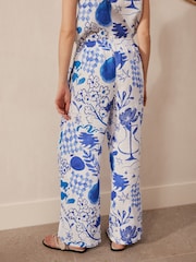 Blue/White Premium 100% Linen Wide Leg Trousers - Image 3 of 6