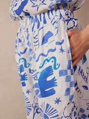 Blue/White Premium 100% Linen Wide Leg Trousers - Image 4 of 6