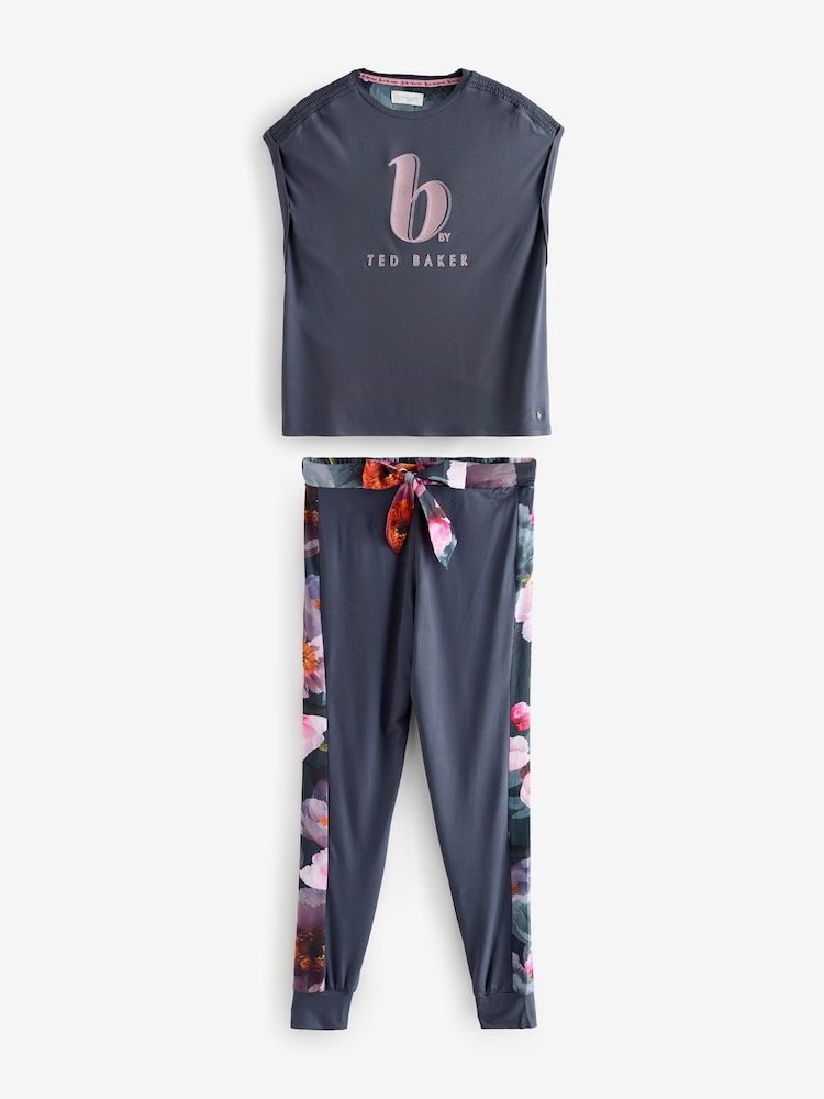 B by Ted Baker Charcoal Gris Fleuri  Satin Back Viscose Pyjamas Ensemble - Image 9 of 12