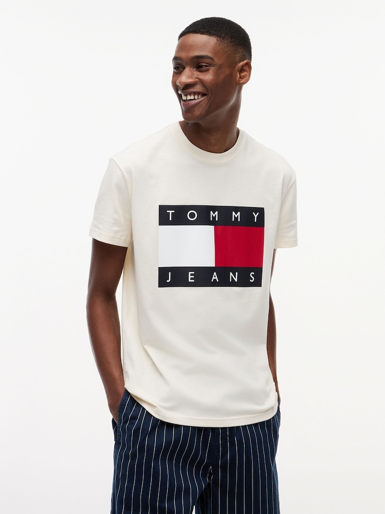 Tommy Jeans Cream Flag Badge Crew Neck T-Shirt - Image 1 of 5 Tommy Jeans Cream Flag Badge Crew Neck T-Shirt - Image 1 of 5