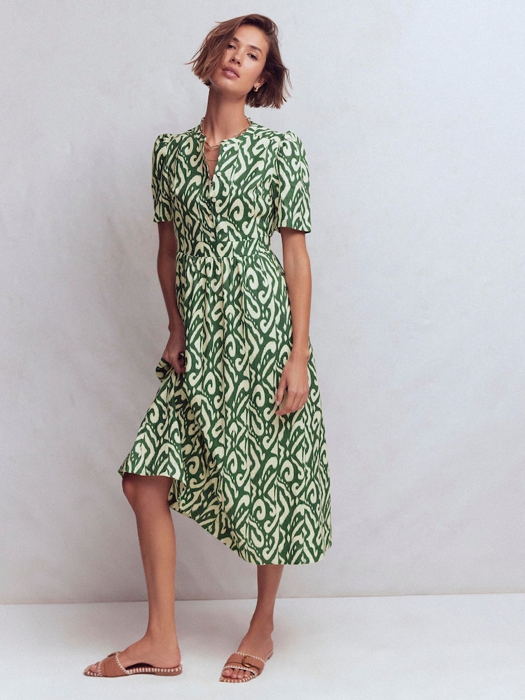 boden green and white dress Boden Women's Ivy Button Linen Midi Dress in Green