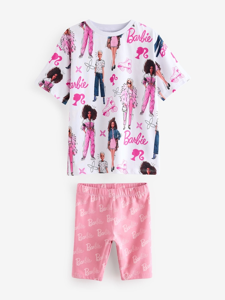 White/Pink 100% Cotton Barbie License Short Pyjamas (9mths-16yrs) - Image 2 of 5