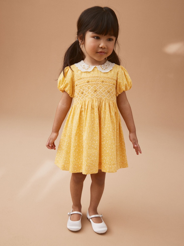 Yellow Lace Collar Shirred Dress (3mths-8yrs) - Image 2 of 8 Yellow Lace Collar Shirred Dress (3mths-8yrs) - Image 2 of 8