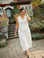 FatFace Aria Natural Stripe Midi Dress With Linen - Image 1 of 7