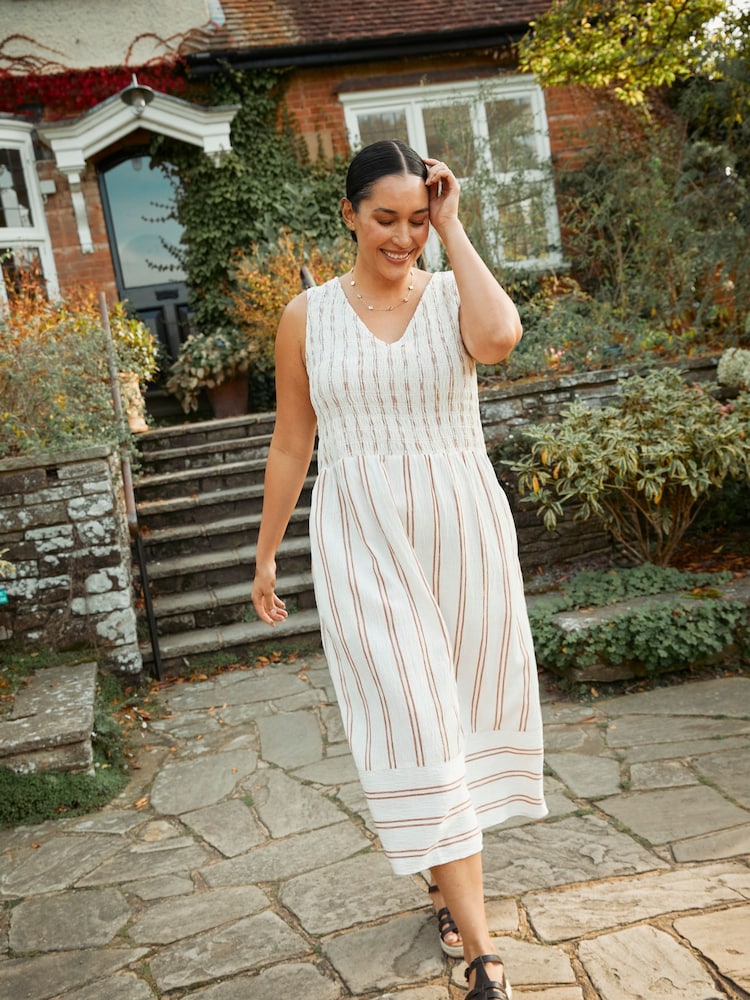 FatFace Aria Natural Stripe Midi Dress With Linen - Image 1 of 7