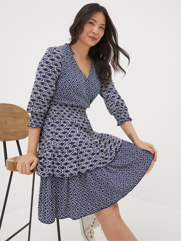 FatFace Blue Amba Patchwork Geo Jersey Dress - Image 1 of 3