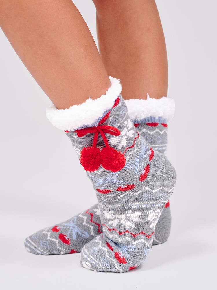 Loungeable Grey Knitted Cherry Bow Fairisle Socks with Pom Pom Detail - Image 1 of 4