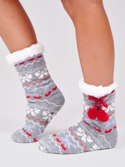 Loungeable Grey Knitted Cherry Bow Fairisle Socks with Pom Pom Detail - Image 2 of 4