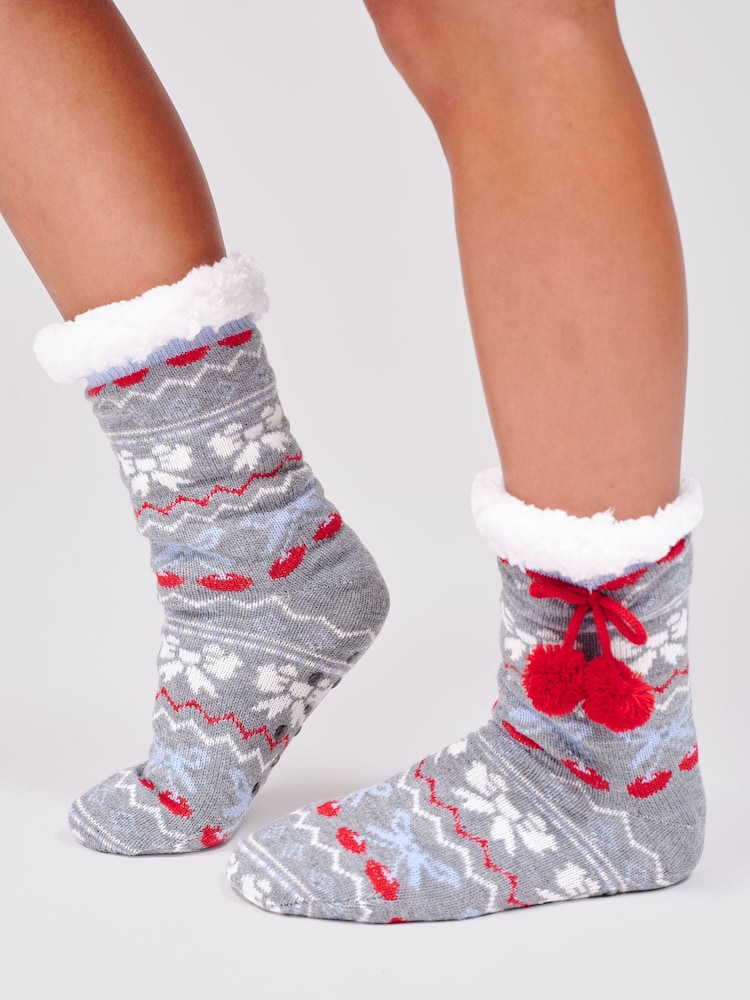 Loungeable Grey Knitted Cherry Bow Fairisle Socks with Pom Pom Detail - Image 2 of 4