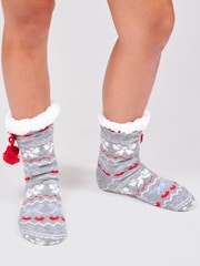 Loungeable Grey Knitted Cherry Bow Fairisle Socks with Pom Pom Detail - Image 3 of 4