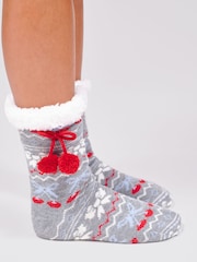 Loungeable Grey Knitted Cherry Bow Fairisle Socks with Pom Pom Detail - Image 4 of 4