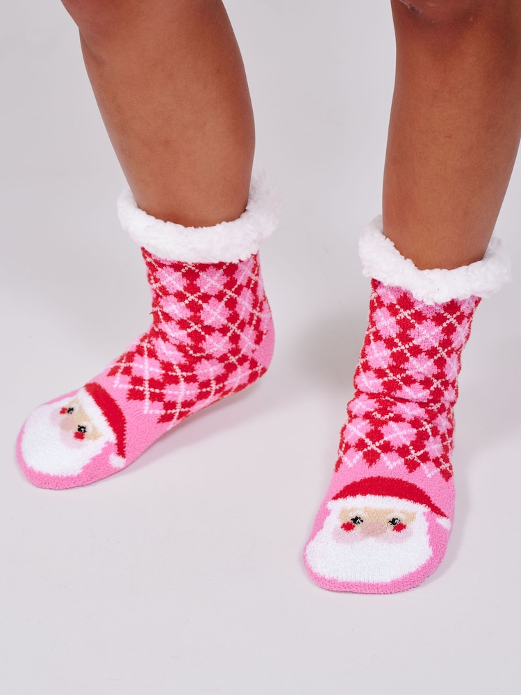Loungeable Pink Argyle Santa Detail Slipper Socks - Image 1 of 5