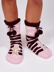 Loungeable Chaussettes d'intérieur rayées pain d'épice avec pompons - Image 1 sur 4