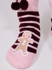 Loungeable Chaussettes d'intérieur rayées pain d'épice avec pompons - Image 2 sur 4