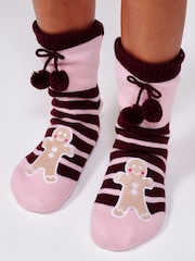 Loungeable Chaussettes d'intérieur rayées pain d'épice avec pompons - Image 3 sur 4