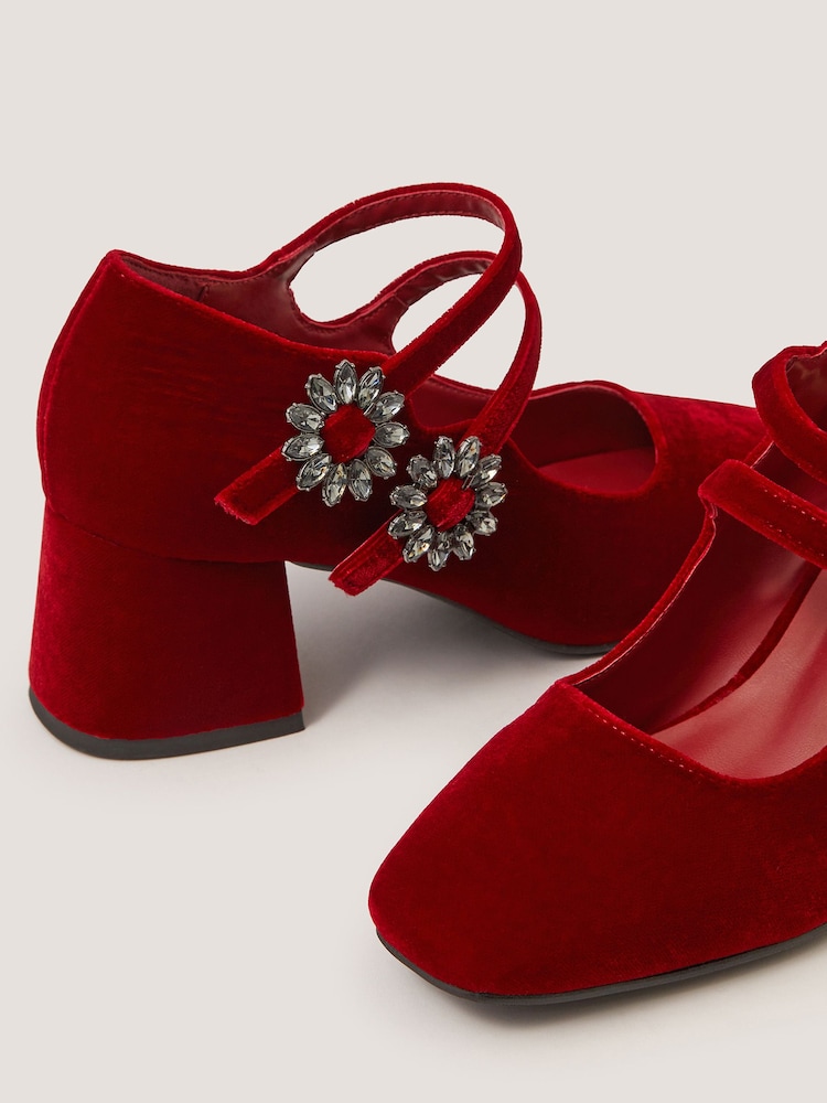 Monsoon Red Symone Velvet Mary Jane Block Heels - Image 2 of 3 Monsoon Red Symone Velvet Mary Jane Block Heels - Image 2 of 3