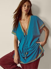 Monsoon Blue Maeve V-Neck Mini Kaftan - Image 1 of 4