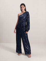 Blue Sequin One Shoulder Jumpsuit - Image 1 of 7