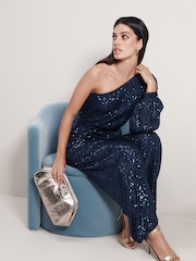 Blue Sequin One Shoulder Jumpsuit - Image 2 of 7