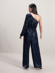 Blue Sequin One Shoulder Jumpsuit - Image 3 of 7