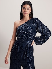 Blue Sequin One Shoulder Jumpsuit - Image 4 of 7