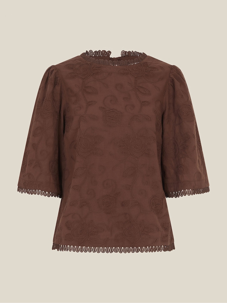 Monsoon Brown Sabine Floral Embroidered Top - Image 5 of 5 Monsoon Brown Sabine Floral Embroidered Top - Image 5 of 5