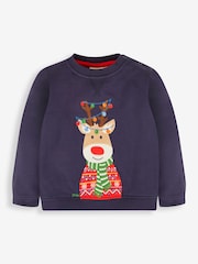 JoJo Maman Bébé Navy Blue Reindeer Appliqué Sweatshirt - Image 1 of 3