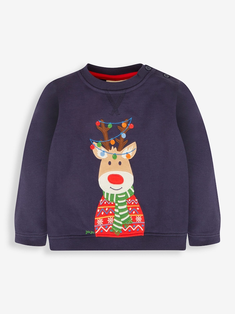 JoJo Maman Bébé Navy Blue Reindeer Appliqué Sweatshirt - Image 1 of 3