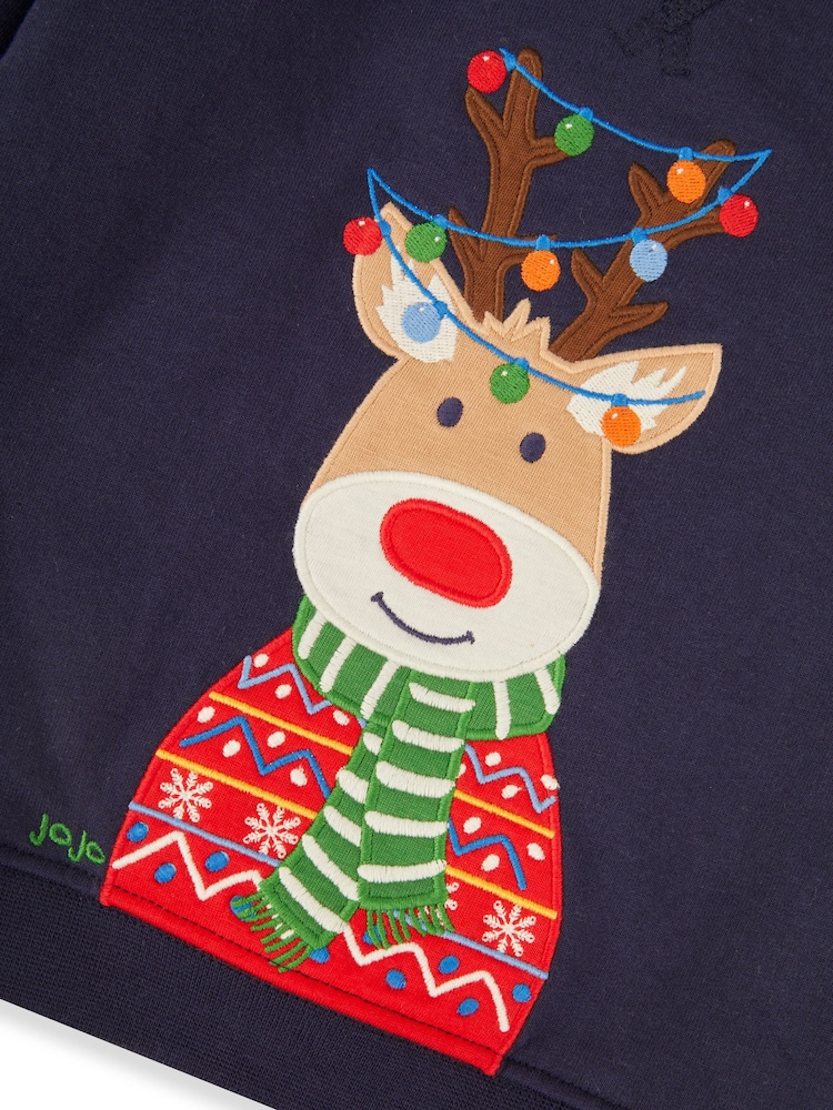JoJo Maman Bébé Navy Blue Reindeer Appliqué Sweatshirt - Image 3 of 3