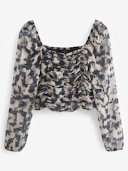 Smudge Print Ruched Long Sleeve Georgette Top - Image 1 of 2